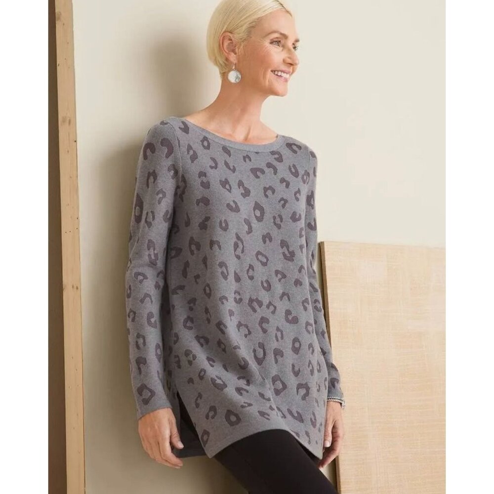 Chico Leopard Animal Print Womens Tonal Textured Tunic Size 3